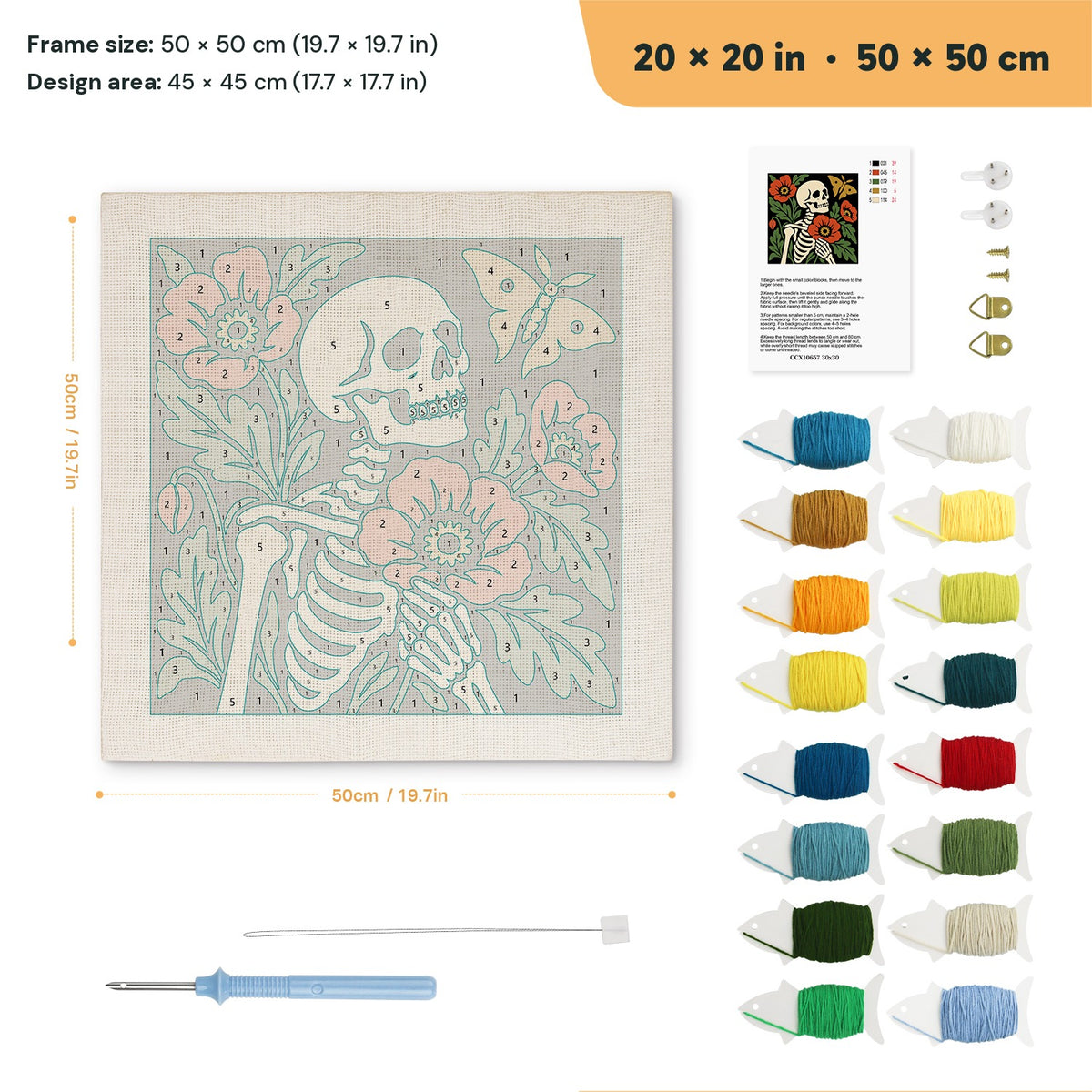 Poppy Skeleton punch needle kit, 20 × 20 in (50 × 50 cm): canvas size and kit contents