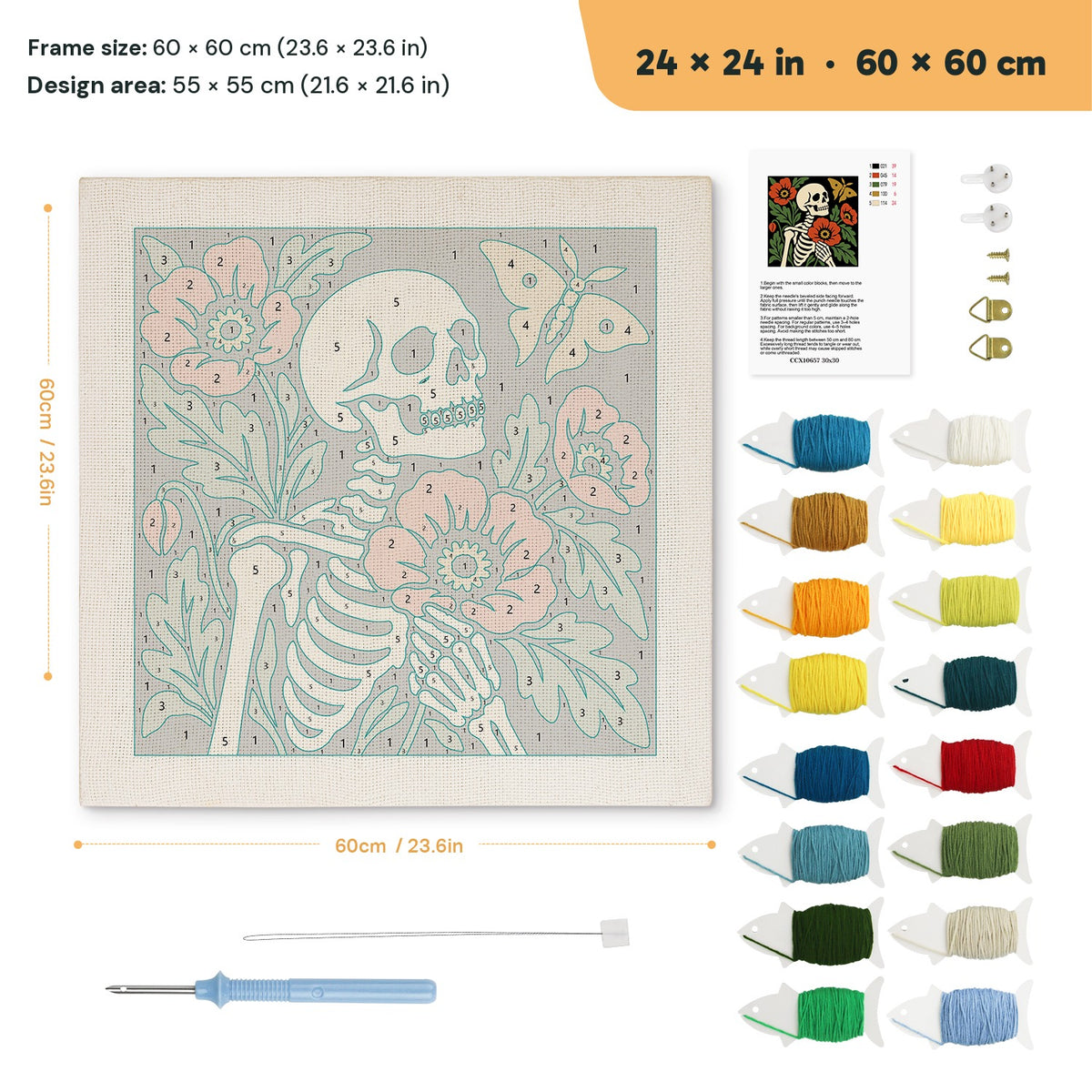 Poppy Skeleton punch needle kit, 24 × 24 in (60 × 60 cm): canvas size and kit contents