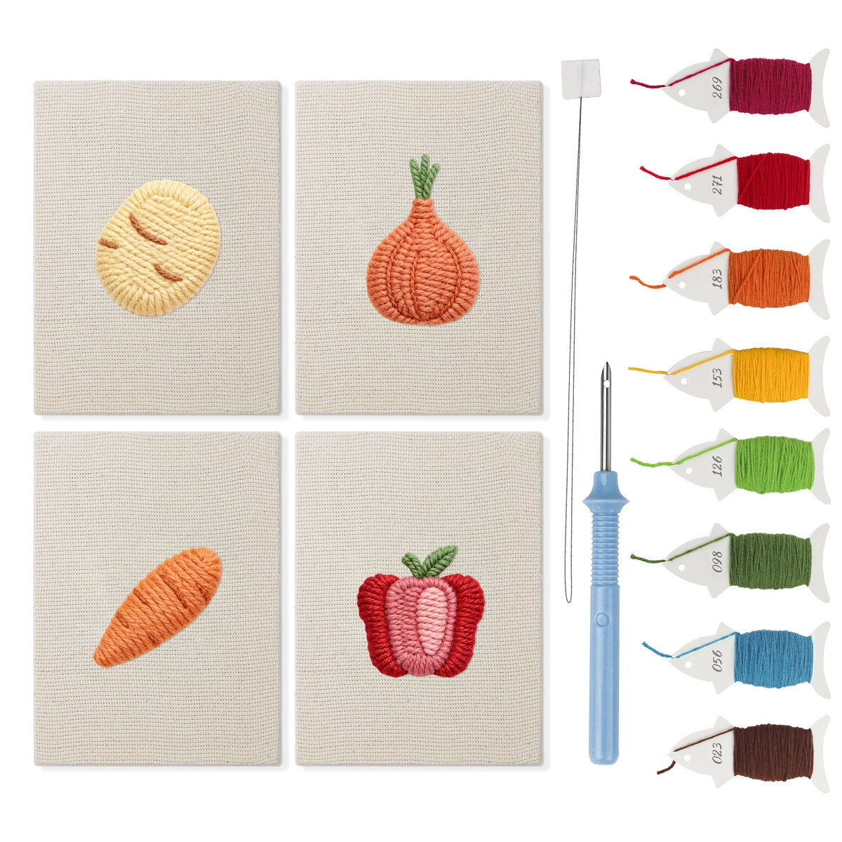 Potato and Onion mini punch needle kit set: four finished canvases with threads, punch needle and threader