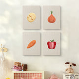 The four Potato and Onion mini canvases on a wall above a shelf