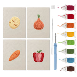 Potato and Onion mini punch needle kit set: four finished canvases with threads, punch needle and threader