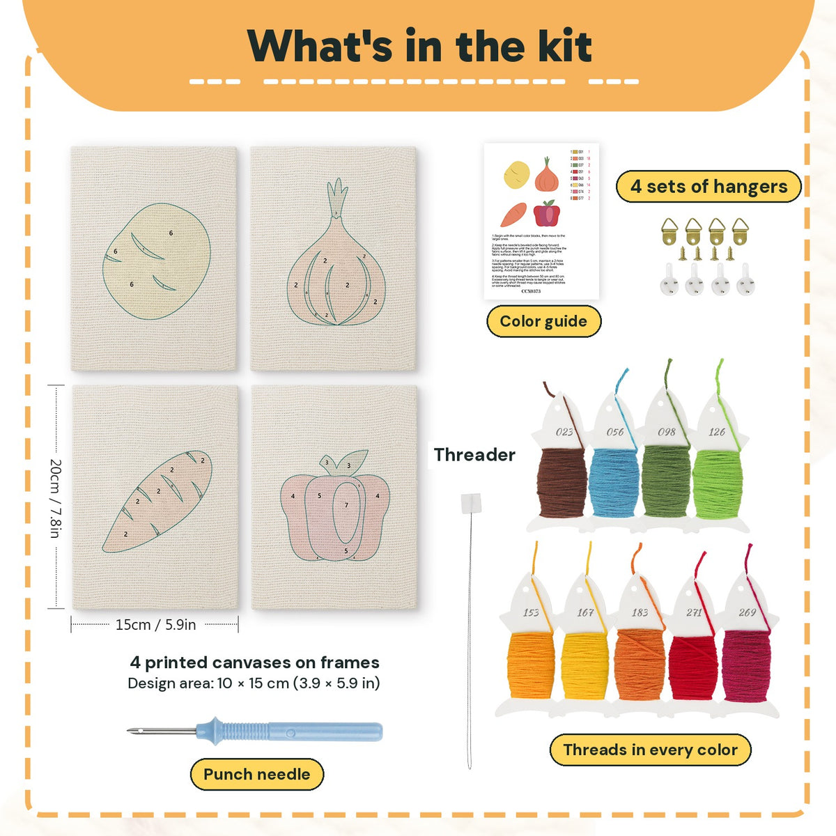 What is in the Potato and Onion set: 4 printed canvases, punch needle, threader, threads, color guide and 4 sets of hangers (6 × 8 in (15 × 20 cm) each)
