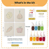 What is in the Potato and Onion set: 4 printed canvases, punch needle, threader, threads, color guide and 4 sets of hangers (6 × 8 in (15 × 20 cm) each)
