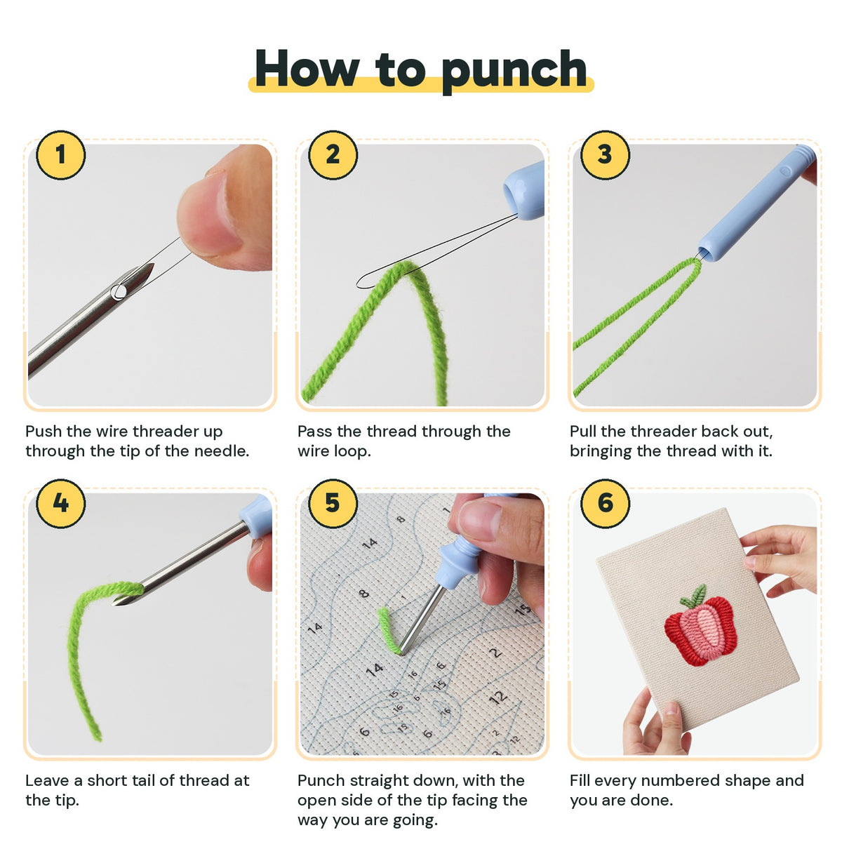 Six steps showing how to thread and use the punch needle