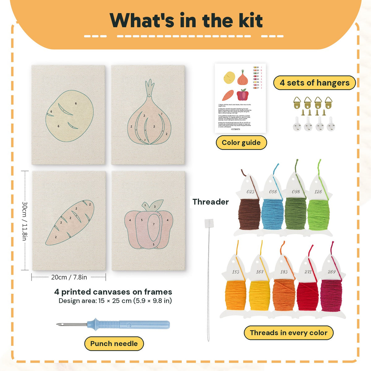 What is in the Potato and Onion set, 8 × 12 in (20 × 30 cm) each: 4 printed canvases, punch needle, threader, threads, color guide and 4 sets of hangers