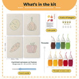 What is in the Potato and Onion set, 8 × 12 in (20 × 30 cm) each: 4 printed canvases, punch needle, threader, threads, color guide and 4 sets of hangers