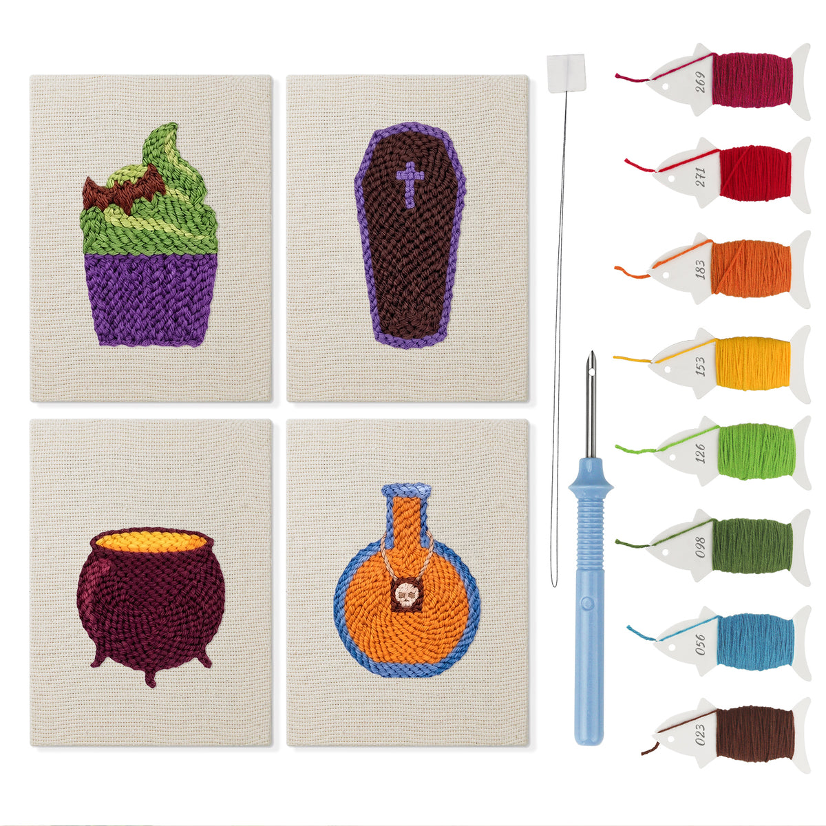 Potion and Cupcake mini punch needle kit set: four finished canvases with threads, punch needle and threader