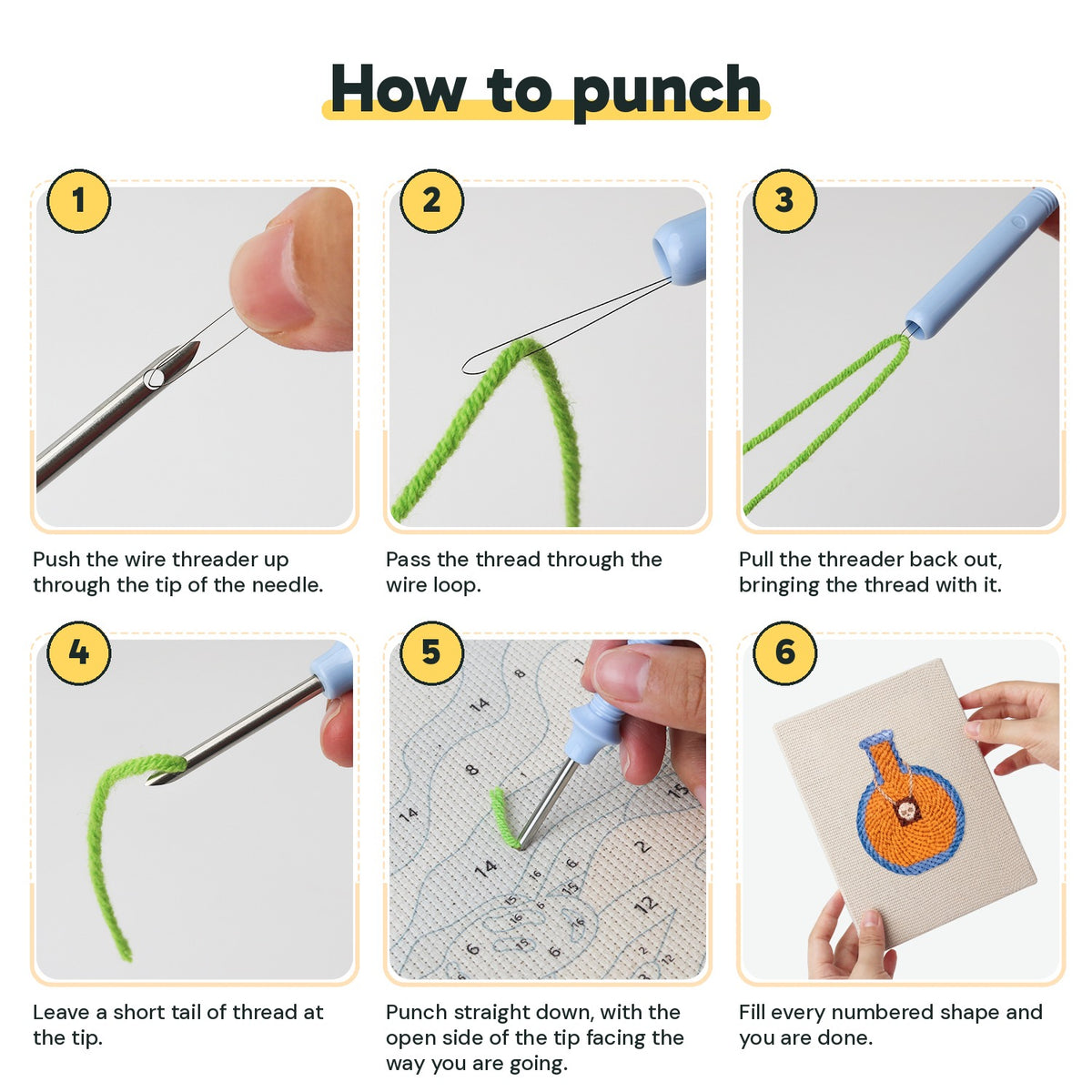 Six steps showing how to thread and use the punch needle