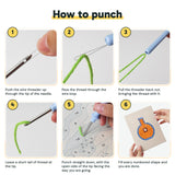 Six steps showing how to thread and use the punch needle