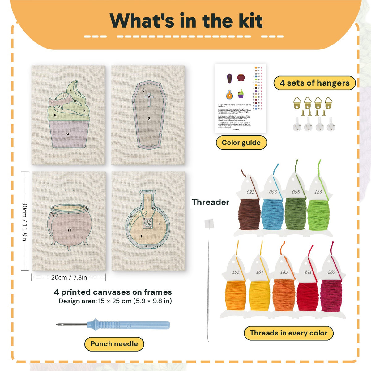 What is in the Potion and Cupcake set, 8 × 12 in (20 × 30 cm) each: 4 printed canvases, punch needle, threader, threads, color guide and 4 sets of hangers