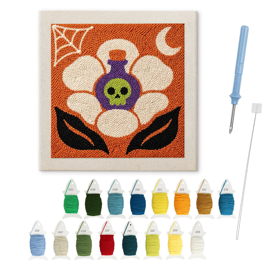 Potion Flower punch needle kit: finished canvas with threads, punch needle and threader