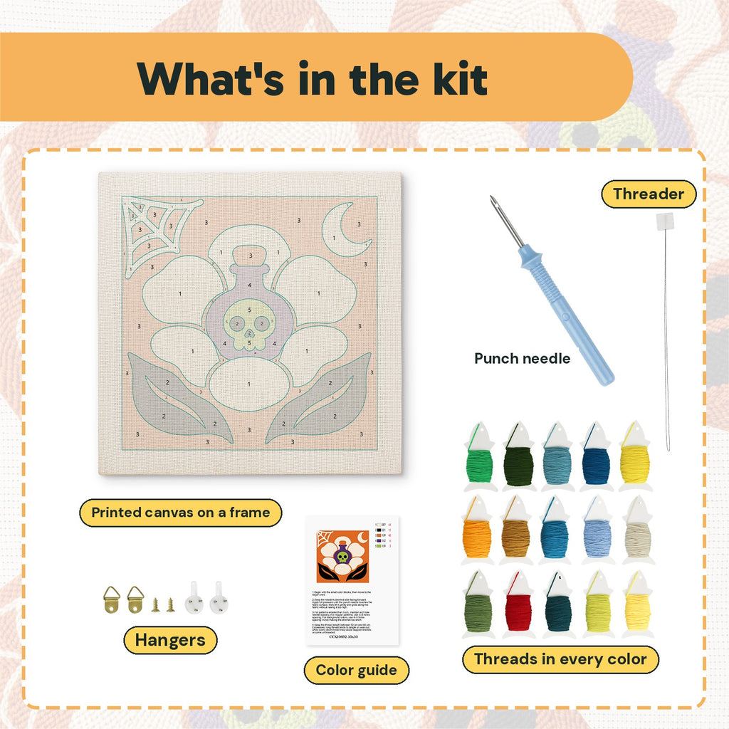 What is in the Potion Flower kit: printed canvas, punch needle, threader, threads, color guide and hangers
