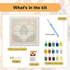 What is in the Potion Flower kit: printed canvas, punch needle, threader, threads, color guide and hangers