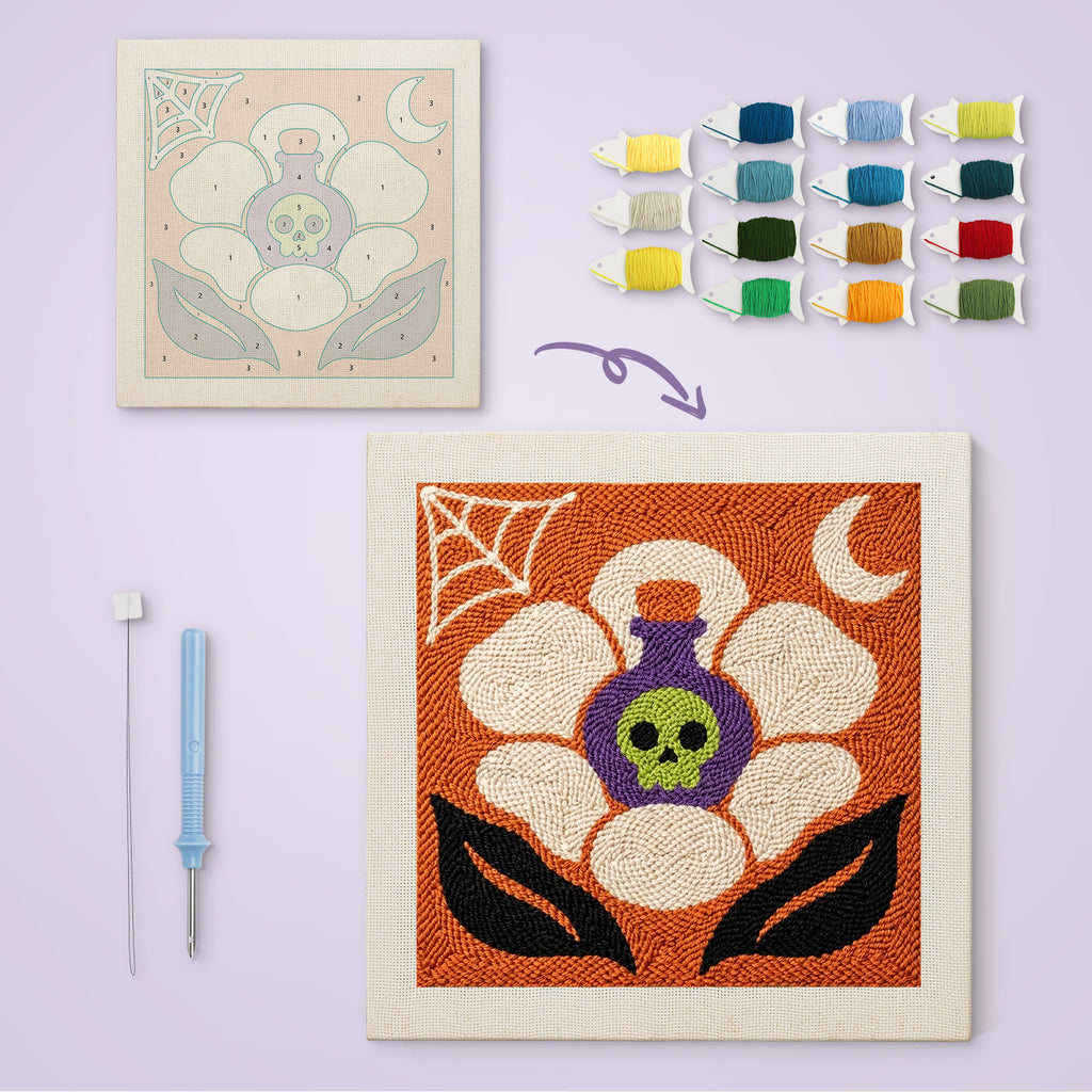 Potion Flower canvas before and after punching, with the threads and tools