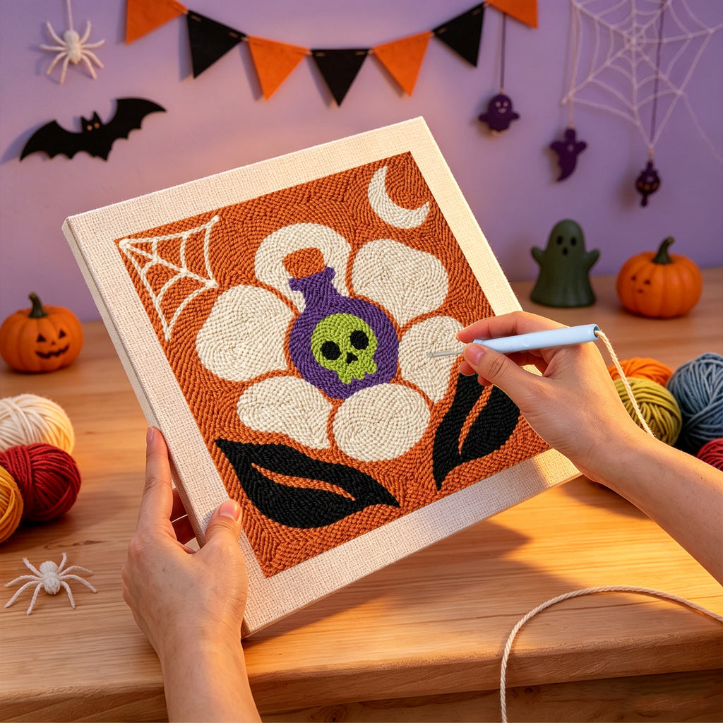 Punching the Potion Flower design with the punch needle
