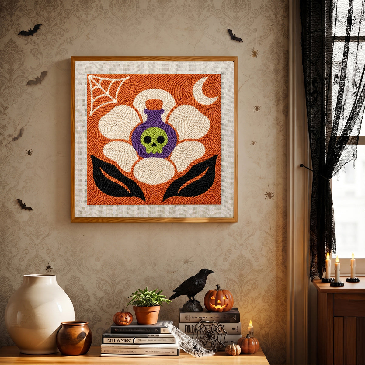 Finished Potion Flower punch needle canvas on a wall