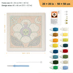 Potion Flower punch needle kit, 20 × 20 in (50 × 50 cm): canvas size and kit contents