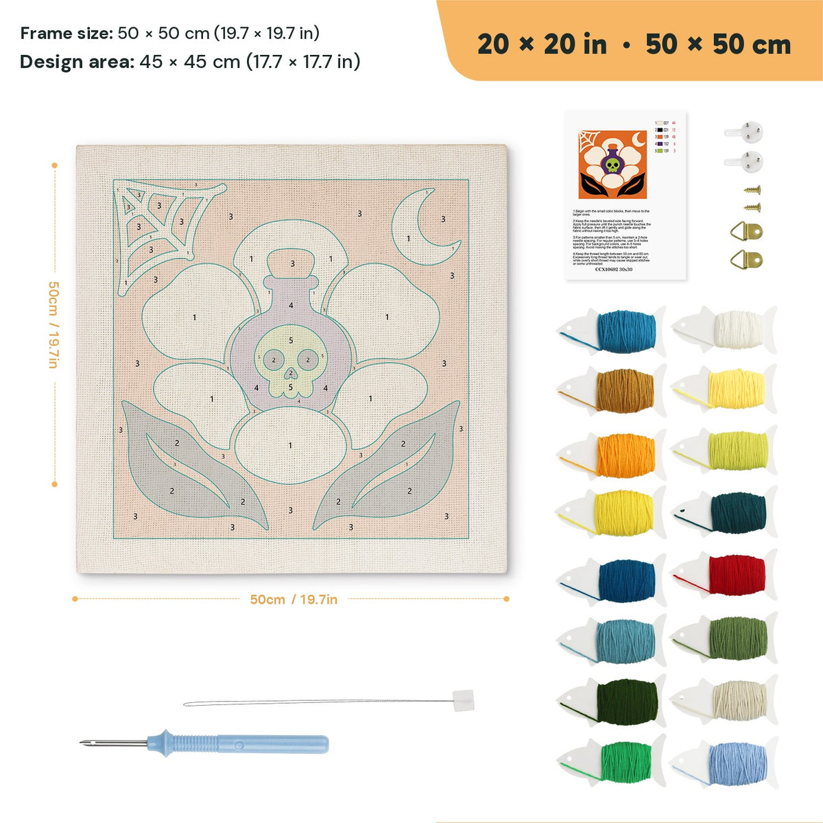 Potion Flower punch needle kit, 20 × 20 in (50 × 50 cm): canvas size and kit contents
