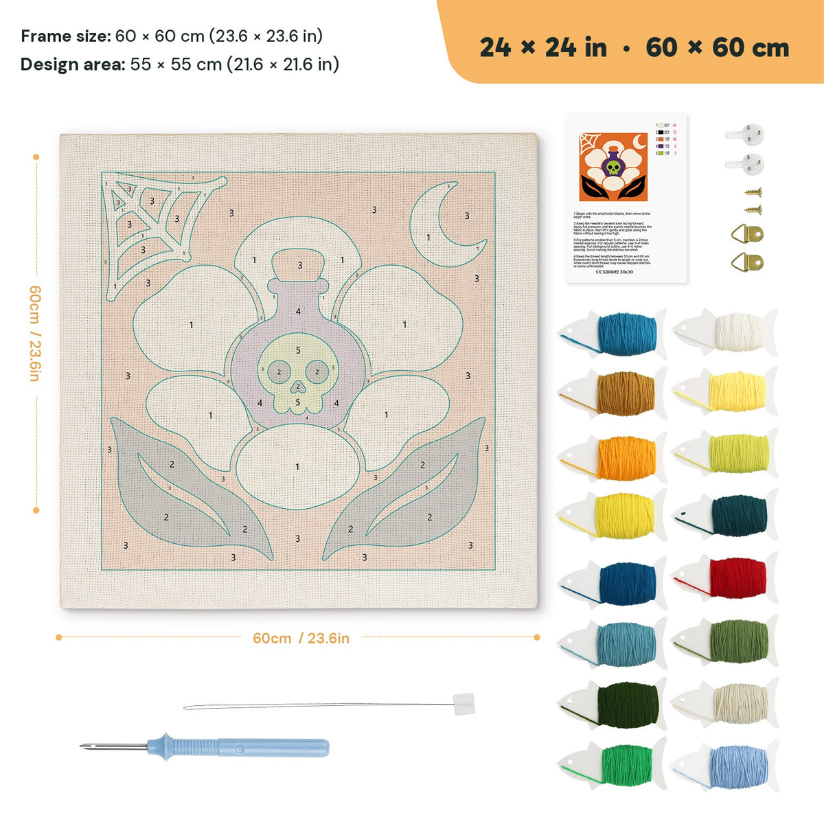 Potion Flower punch needle kit, 24 × 24 in (60 × 60 cm): canvas size and kit contents