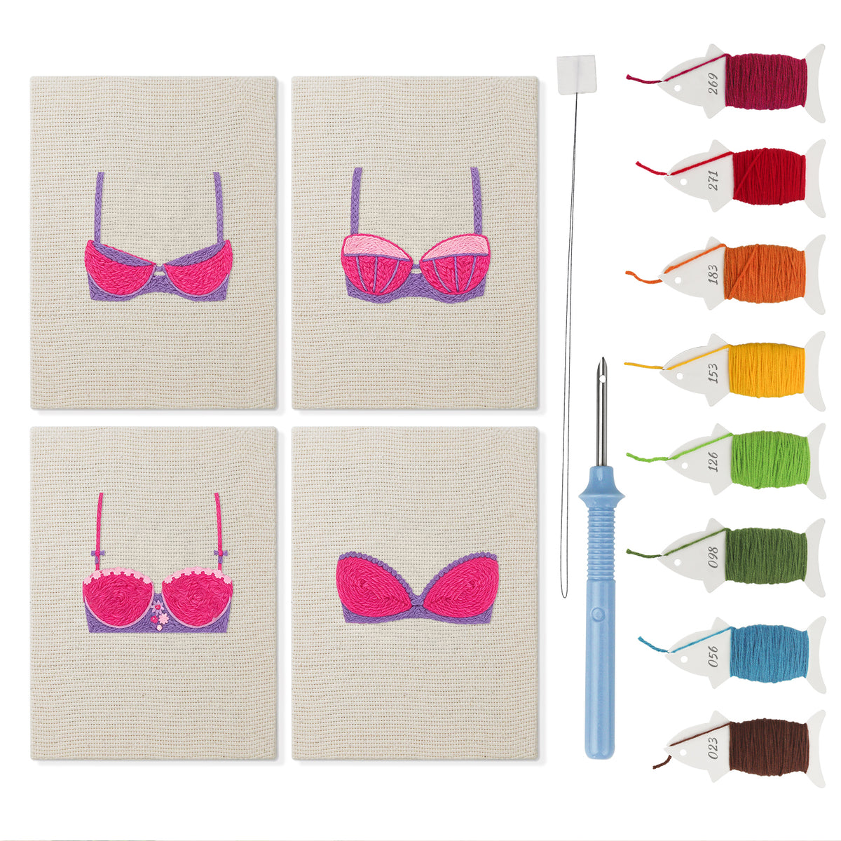 Pretty Pink Bras mini punch needle kit set: four finished canvases with threads, punch needle and threader