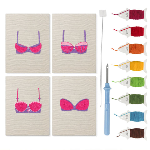 Pretty Pink Bras mini punch needle kit set: four finished canvases with threads, punch needle and threader