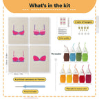What is in the Pretty Pink Bras set, 8 × 12 in (20 × 30 cm) each: 4 printed canvases, punch needle, threader, threads, color guide and 4 sets of hangers