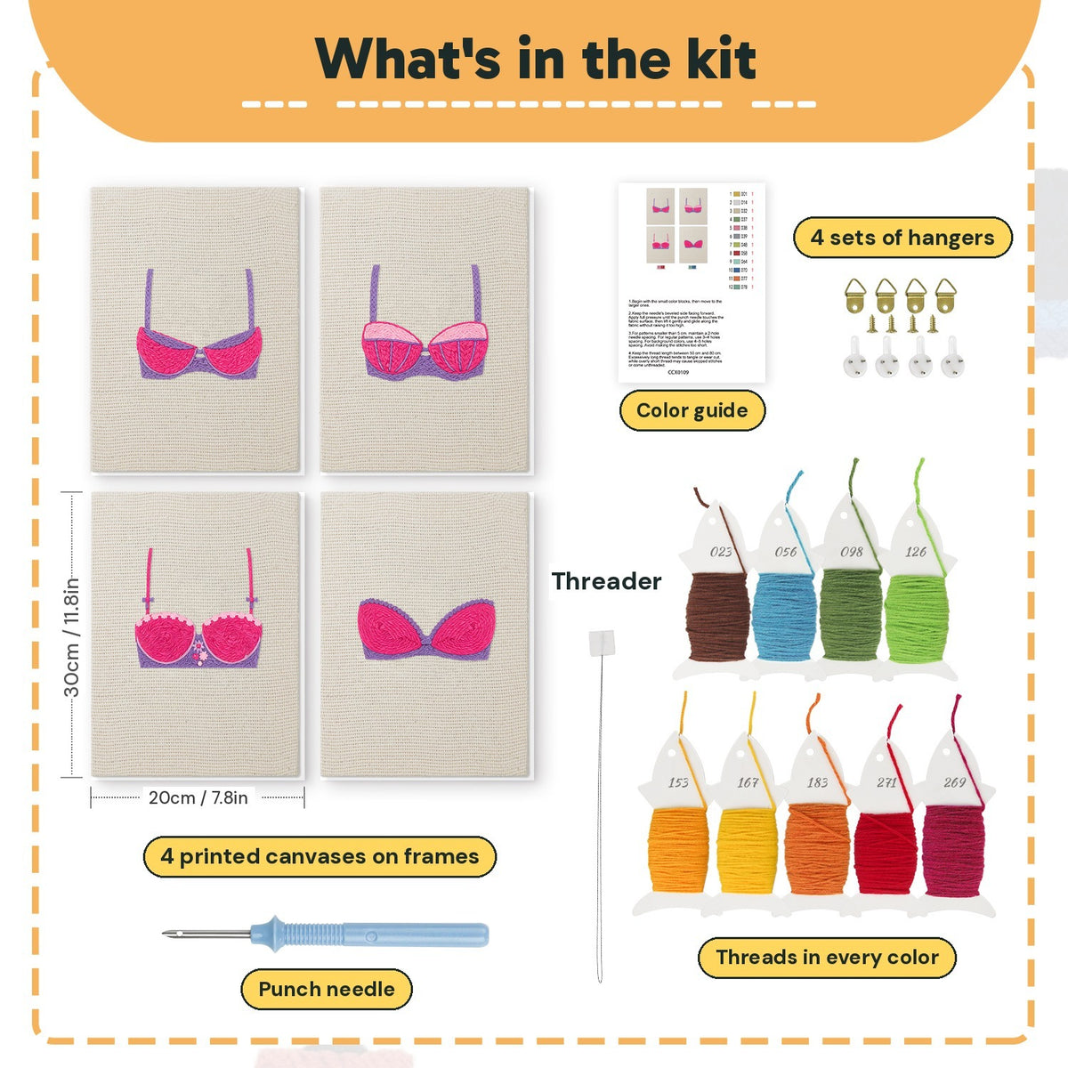 What is in the Pretty Pink Bras set, 8 × 12 in (20 × 30 cm) each: 4 printed canvases, punch needle, threader, threads, color guide and 4 sets of hangers