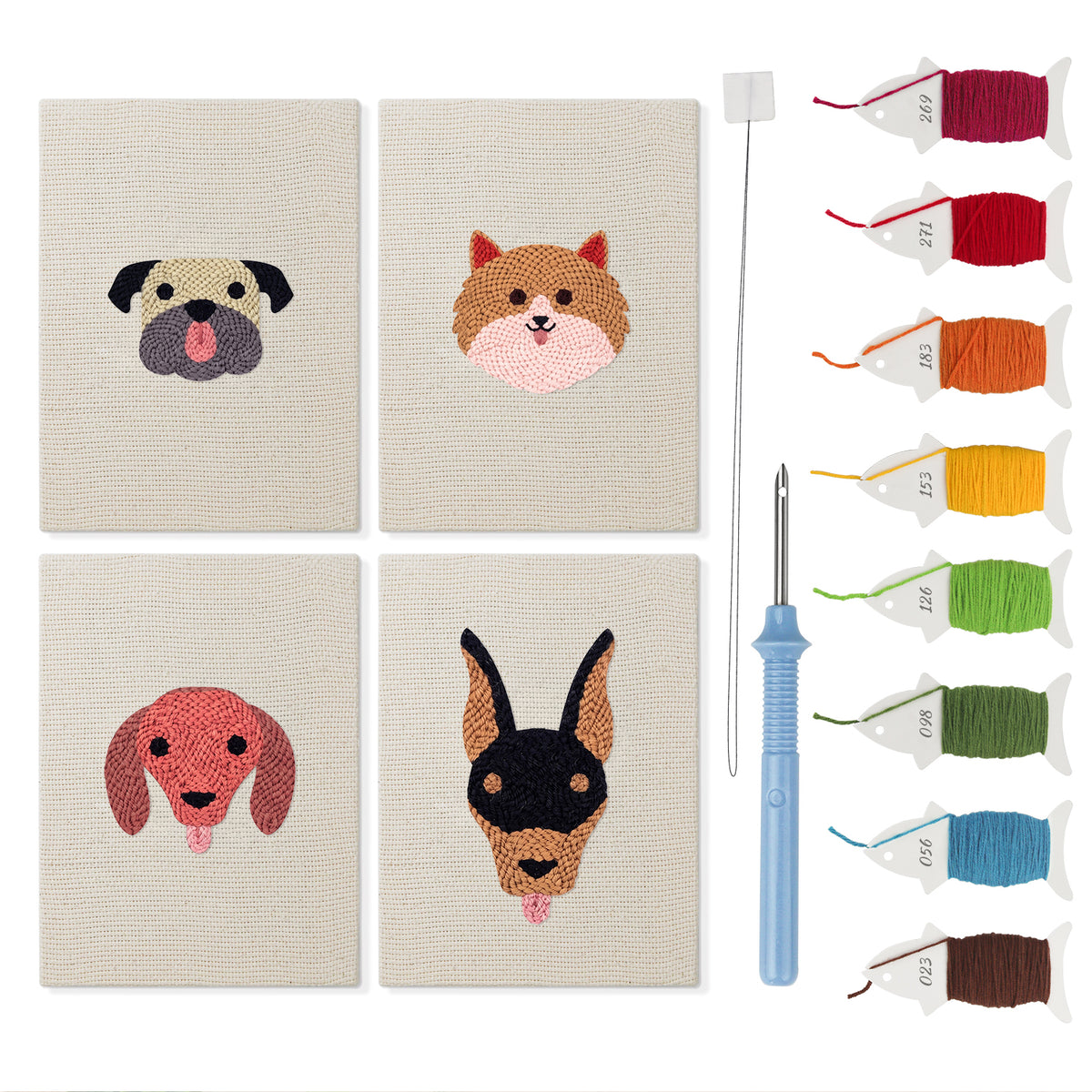 Pug and Doberman mini punch needle kit set: four finished canvases with threads, punch needle and threader