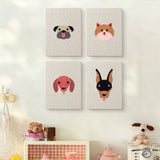 The four Pug and Doberman mini canvases on a wall above a shelf