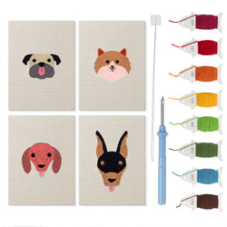 Pug and Doberman mini punch needle kit set: four finished canvases with threads, punch needle and threader