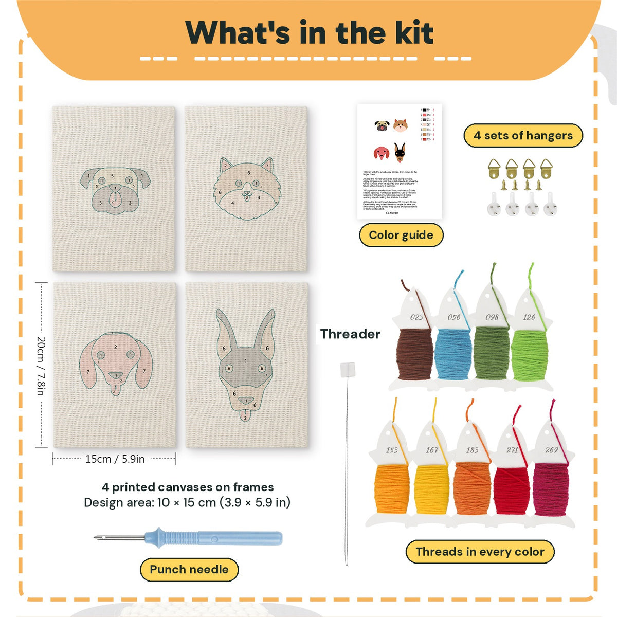 What is in the Pug and Doberman set: 4 printed canvases, punch needle, threader, threads, color guide and 4 sets of hangers (6 × 8 in (15 × 20 cm) each)