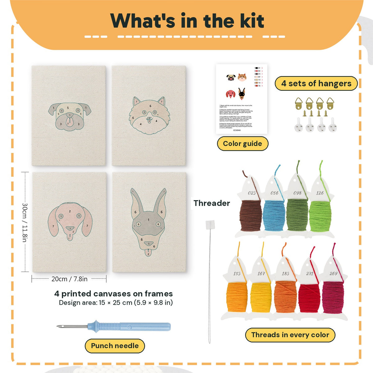 What is in the Pug and Doberman set, 8 × 12 in (20 × 30 cm) each: 4 printed canvases, punch needle, threader, threads, color guide and 4 sets of hangers