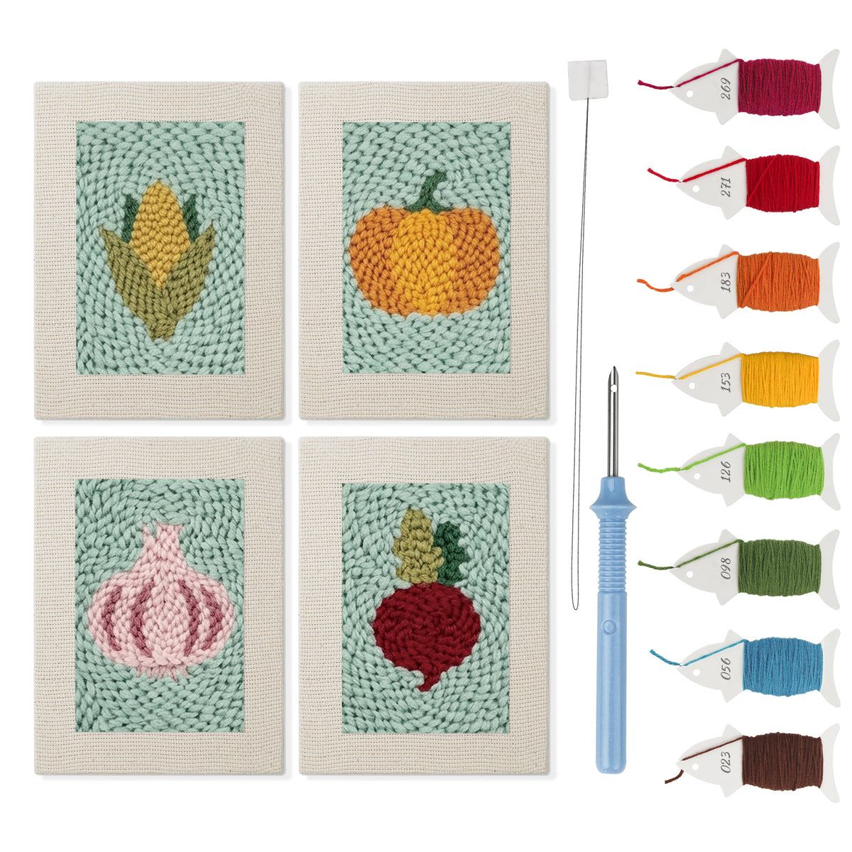 Pumpkin and Corn mini punch needle kit set: four finished canvases with threads, punch needle and threader