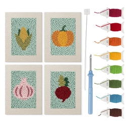 Pumpkin and Corn mini punch needle kit set: four finished canvases with threads, punch needle and threader