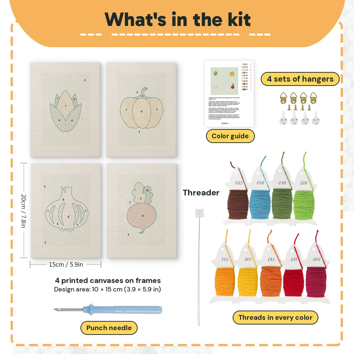 What is in the Pumpkin and Corn set: 4 printed canvases, punch needle, threader, threads, color guide and 4 sets of hangers (6 × 8 in (15 × 20 cm) each)