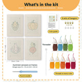 What is in the Pumpkin and Corn set: 4 printed canvases, punch needle, threader, threads, color guide and 4 sets of hangers (6 × 8 in (15 × 20 cm) each)