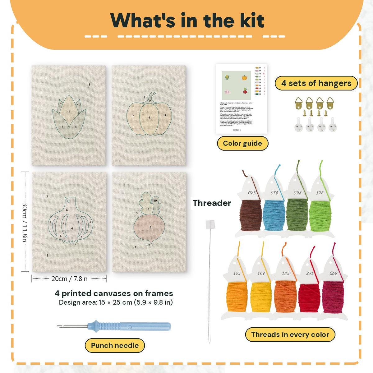 What is in the Pumpkin and Corn set, 8 × 12 in (20 × 30 cm) each: 4 printed canvases, punch needle, threader, threads, color guide and 4 sets of hangers