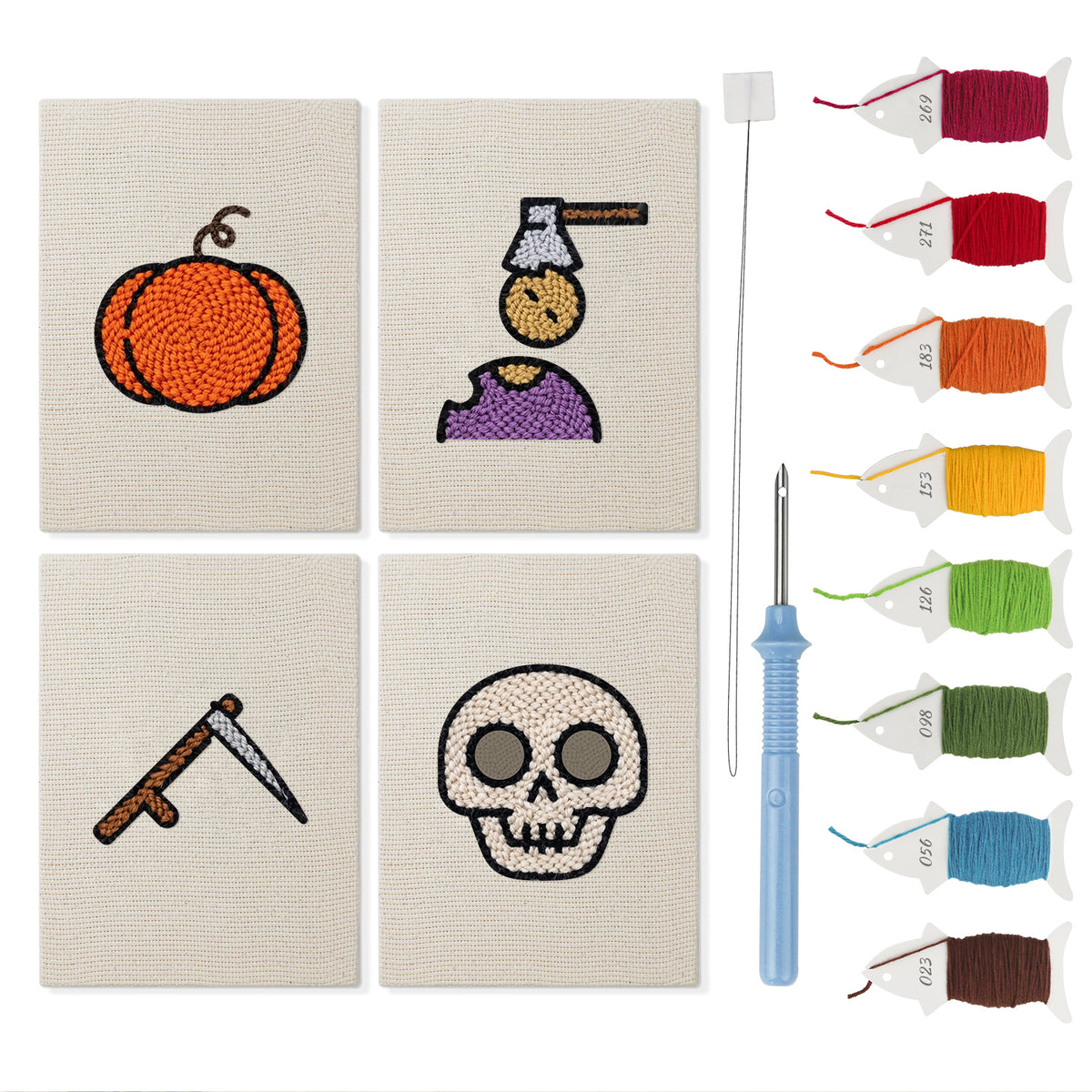 Pumpkin and Skull mini punch needle kit set: four finished canvases with threads, punch needle and threader