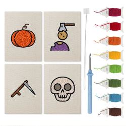 Pumpkin and Skull mini punch needle kit set: four finished canvases with threads, punch needle and threader