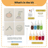 What is in the Pumpkin and Skull set: 4 printed canvases, punch needle, threader, threads, color guide and 4 sets of hangers (6 × 8 in (15 × 20 cm) each)