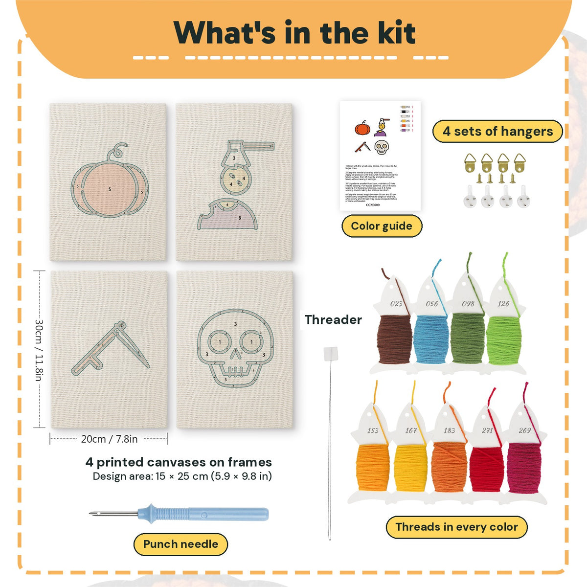 What is in the Pumpkin and Skull set, 8 × 12 in (20 × 30 cm) each: 4 printed canvases, punch needle, threader, threads, color guide and 4 sets of hangers
