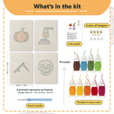 What is in the Pumpkin and Skull set, 8 × 12 in (20 × 30 cm) each: 4 printed canvases, punch needle, threader, threads, color guide and 4 sets of hangers