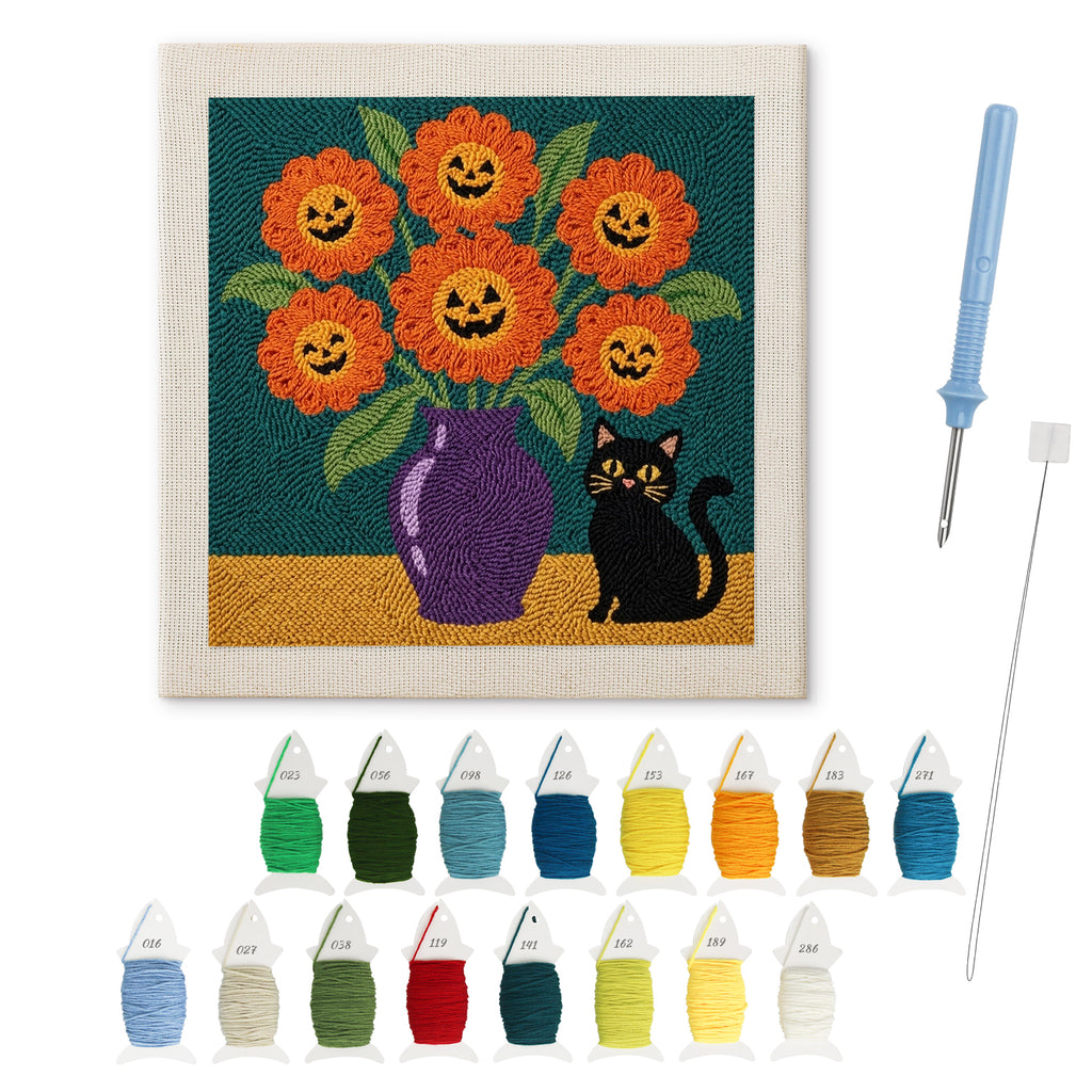 Pumpkin Bouquet Cat punch needle kit: finished canvas with threads, punch needle and threader