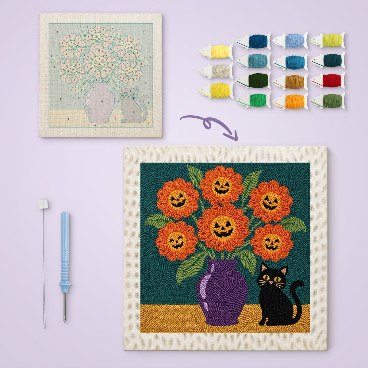 Pumpkin Bouquet Cat canvas before and after punching, with the threads and tools