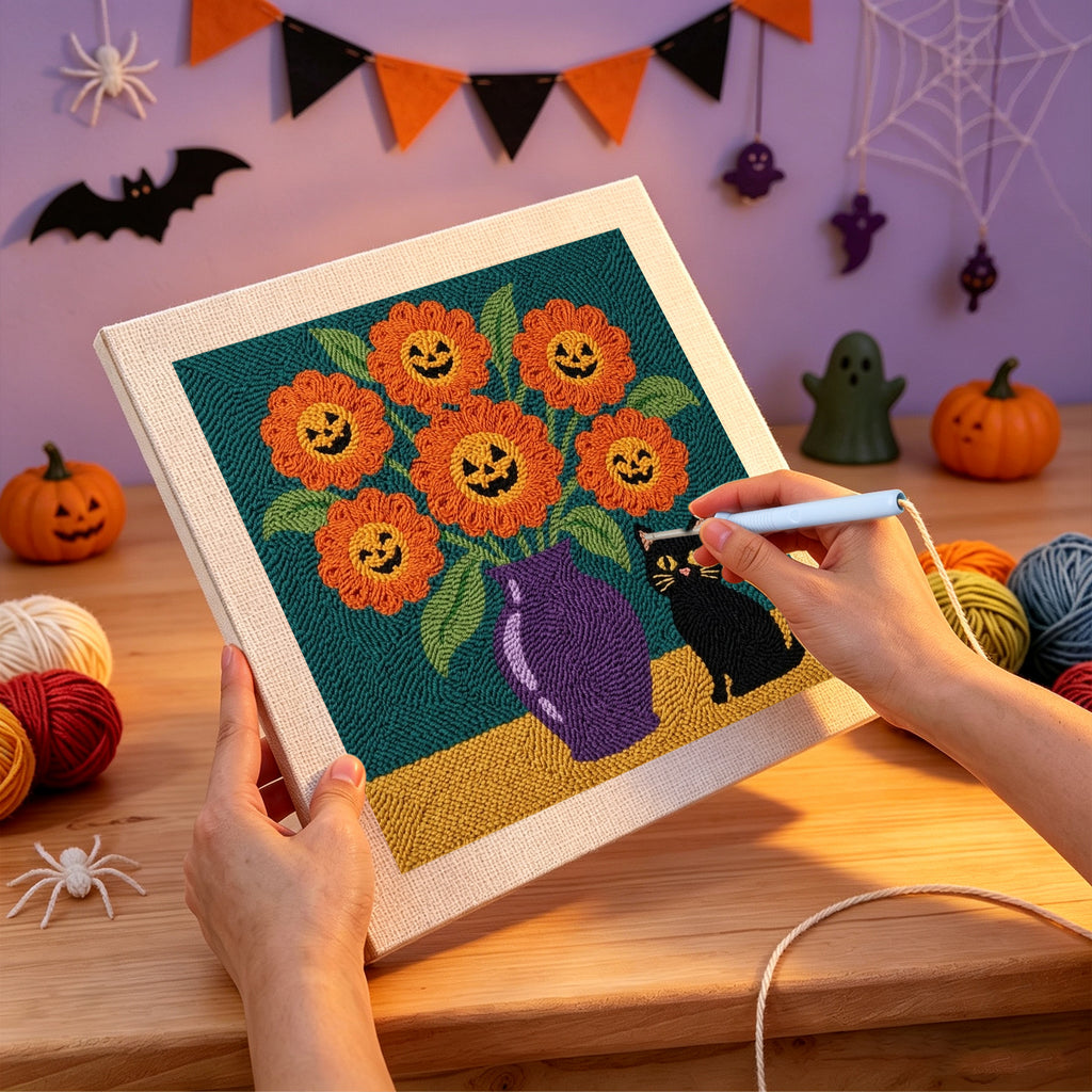 Punching the Pumpkin Bouquet Cat design with the punch needle