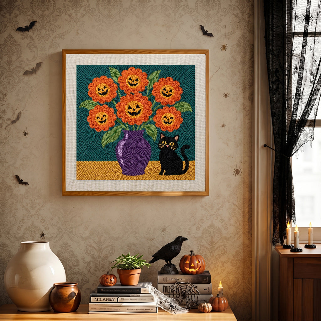 Finished Pumpkin Bouquet Cat punch needle canvas on a wall