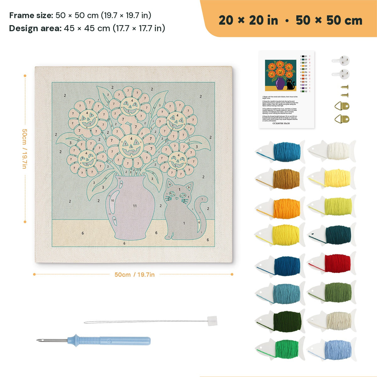 Pumpkin Bouquet Cat punch needle kit, 20 × 20 in (50 × 50 cm): canvas size and kit contents