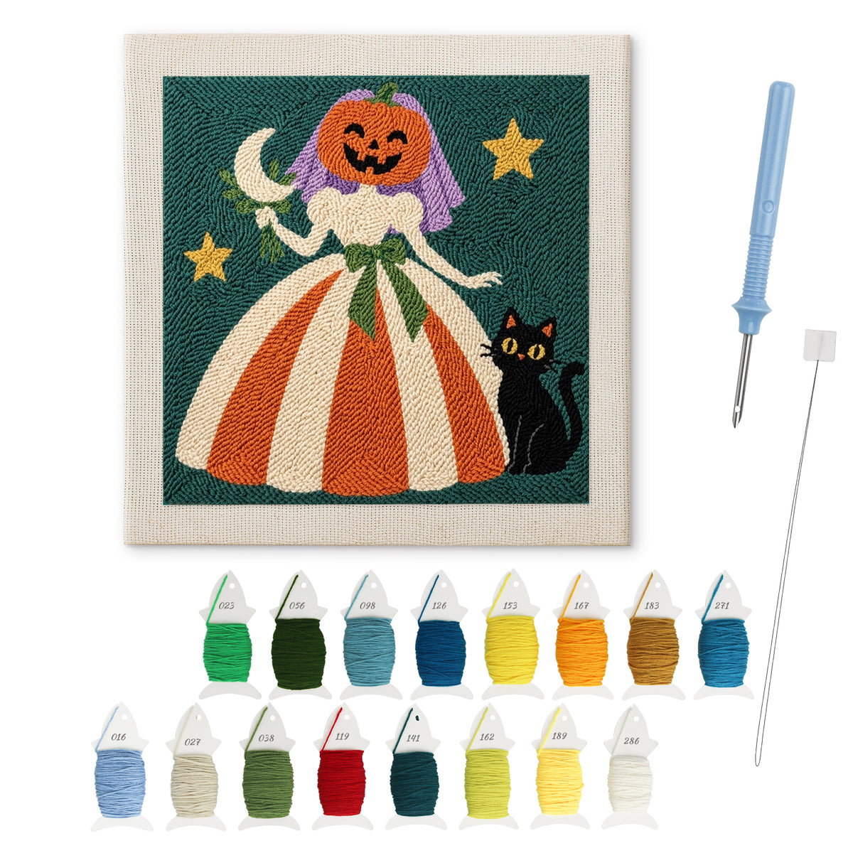 Pumpkin Bride punch needle kit: finished canvas with threads, punch needle and threader