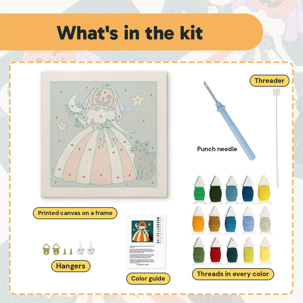 What is in the Pumpkin Bride kit: printed canvas, punch needle, threader, threads, color guide and hangers