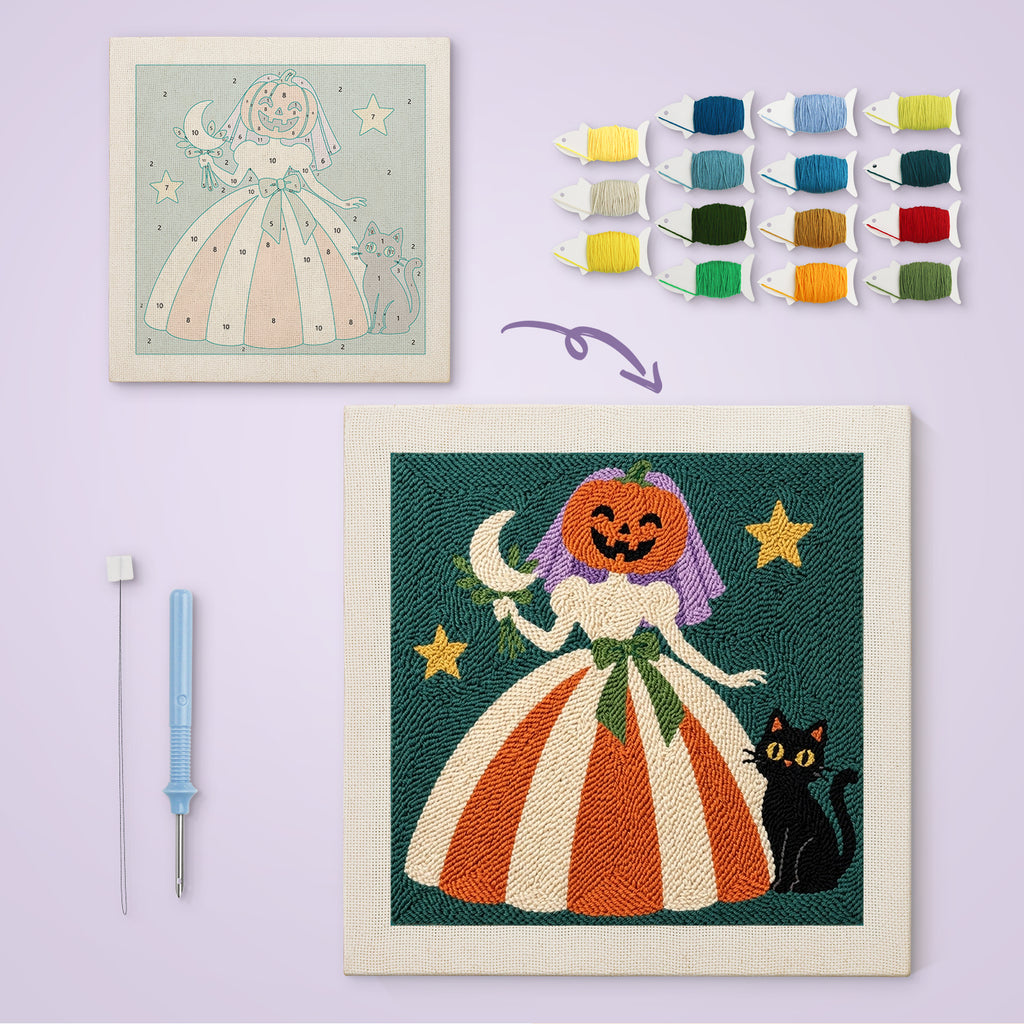 Pumpkin Bride canvas before and after punching, with the threads and tools